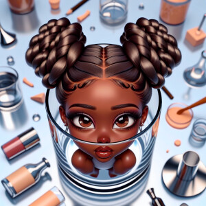 Bird’s-eye view, realistic digital art of a glamorous chibi-styl...