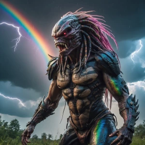 Double exposure horror thunderstorm rainbow entity, in the style...