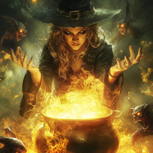 A powerful witch, her hands and eyes ablaze with fire and light,...