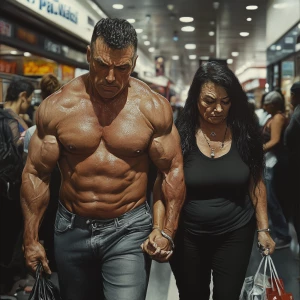 Hyperrealism art,A muscular man, glistening with sweat, walks wi...