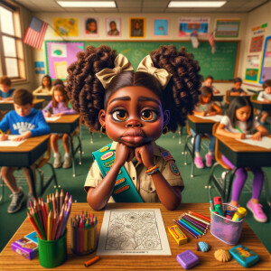Sitting at her desk with crayons books pencils coloring books er...