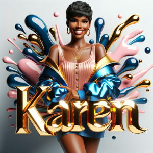 3D writing name "KAREN" bold glossy gold. There is a beautiful African-American latino woman, smiling with a black and blonde pixie cut hairdo,blue and gold trendy jacket and outfits in blue, pink, and gold tones, sport shoes, sitting under the name. Her outfits are glossy. dynamic color explosion background, of pink, blue, gold colors, splashed on white wall