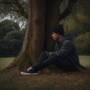 A male young adult sits underneath a tree with large, grassy fie...