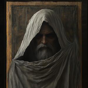 As an unsuspecting man looks beneath a cloth, draped over the cu...