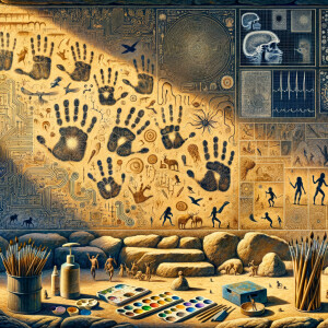 Cave Art with Handprints symbols for fire, water and air, macro, circuitry, cellular structures, DNA paint brushes and art pallets small birds, flying cardiogram print out slide detector print electromagnetic fields linear grid golden ratio, Colorful, spontaneous gestures, and marks