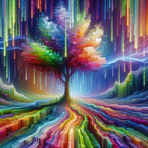 In a vibrant, glitchy paradise, surreal colors dance and blend t...
