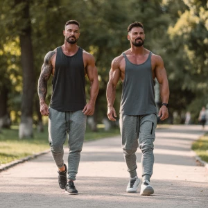 Two bodybuilder muscle, bearded, men walking in the park with jo...
