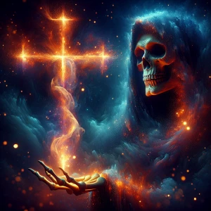 A close-up, cinematic painting of the Grim Reaper skeleton, capt...