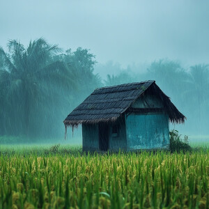 heavy rain in a hut in the middle of a rice field, the weather w...