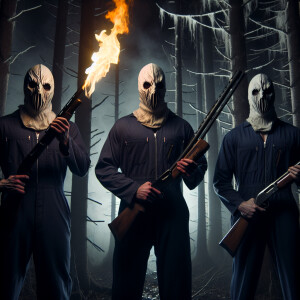 3 Micheal myers holding flaming shotguns in the woods