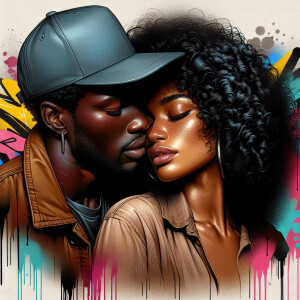 A digital illustration, airbrush style depicting a close embrace...