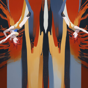 The image is an abstract painting depicting two graceful figures...