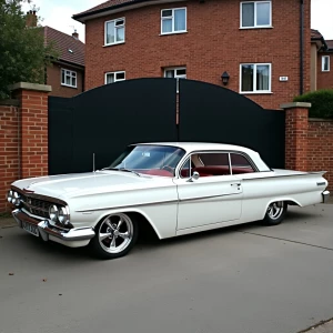 1963 white Chevrolet Impala,  lowrider, spoke rims, brick apartm...