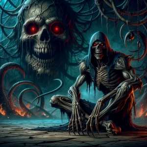 A terrifying skeletal creature with a menacing grin, wearing a t...