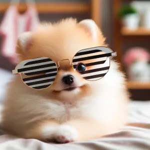 Pomeranian puppy wearing glasses with horizontal slits