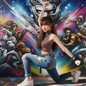 teenage girl, long brown hair and bangs, wearing tight skinny jeans and a halter top paint marks on her clothing, heroic pose Asian graffiti background, nearing on one knee