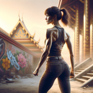 Athletic Thin skinny Attractive, Asian teenage girl, long brown hair and bangs, wearing tight skinny jeans and a halter top paint marks on her clothing, heroic pose Asian graffiti background, backside view