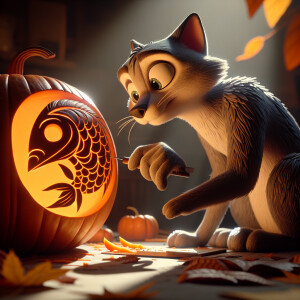 Cat carving pumpkin with fish design