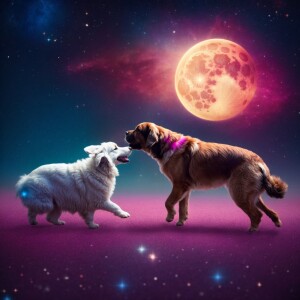 A dog and a bunny dancing with moon and stars, Colourfull galaxy...