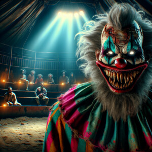"Create an illustration of an evil-looking clown standing in the...