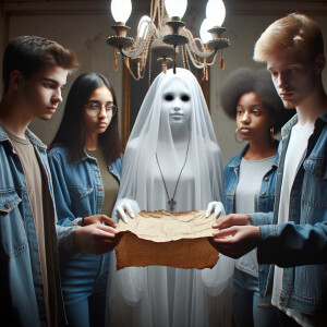 Four teenagers give a letter to a ghost girl. They are standing...
