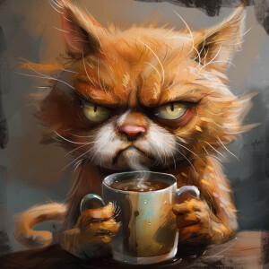 A cartoon of a grumpy cat holding a coffee cup