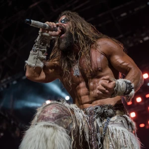 A rock singer on stage bodybuilder muscle long hair beard funky...