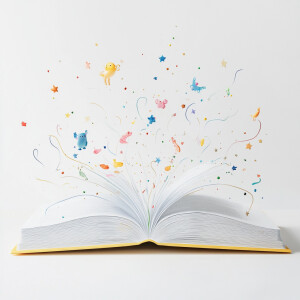 Create an image of an open book against a pure white background,...