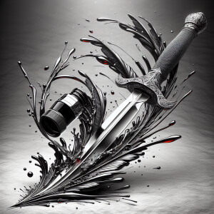 A sword slicing a quill ink pen in half, High action and energy,...