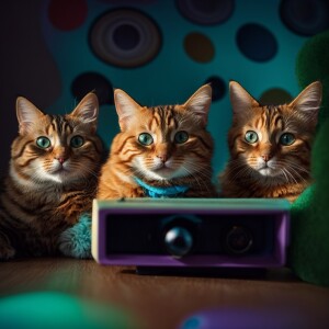 A cartoon of three mischievous cats, making faces at at the came...
