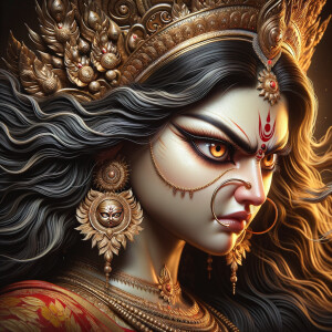 Side view portrait of extremely angry goddess durga. intricately detailed depiction of a goddess. gold jewelry all over body. sharp nose, light skin, beautiful brown eyes, wavy black hair, ultra detailed face. Wearing red saree, a lot of gold ear piercings, huge gold crown. uhd, hdr, 64k, epic, ultra detailed face, photography, 8k, UHD