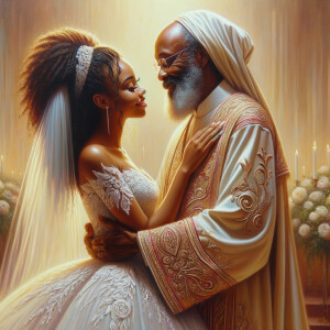 Imagine a hyper-realistic oil painting that captures a tender moment between theAfrican American bride and her God. The setting is intimate and filled with soft, warm lighting that enhances the emotional depth of the scene. The bride, in herexquisite wedding gown, shares a heartfelt embrace with her african-American Lord Jesus , who is dressedin an elegant outfit that complements the wedding's color scheme. Their expressions are full of love, pride, and joy, reflecting the special bond between them. Theattention to detail is paramount, from the intricate designs of their dresses to the subtle emotions conveyed in their facial expressions. The background is a blur ofgentle pastel hues, ensuring that the focus remains on this touching moment. Thispainting should convey the warmth, love, and depth of the relationship, with the rich textures and vibrant strokes characteristic of oil paintings, capturing the essence of this significant pre-wedding moment.