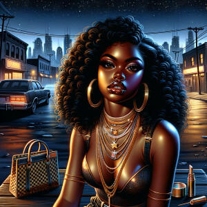 Airbrush Style: innner City nightclub landscape. A beautiful Afr...