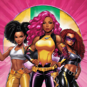 Craft a vivid description of the superhero trio featuring Asha W...
