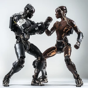 Visualize an intense battle between two humanoid robots, each po...