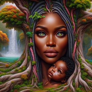 Create a close-up, hyper-realistic 3-D oil painting of a tree wi...