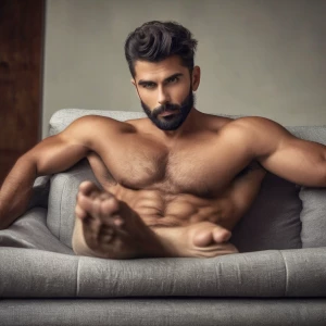 He was enjoying himself on the couch  with his well groomed hair...