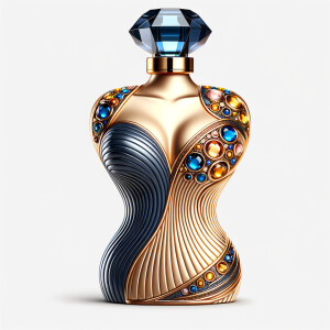 Create a 3-D realistic gold and blue, colorful jewels perfume b...