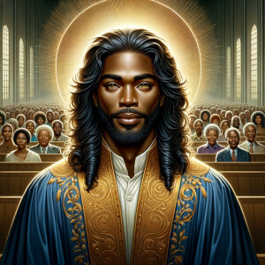 Illustrate an inspiring African-American Jesus crust with a dign...