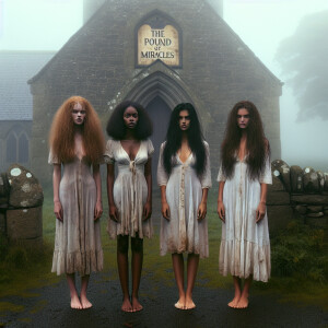 Create a color film photograph from 1962 of three beautiful 19-y...