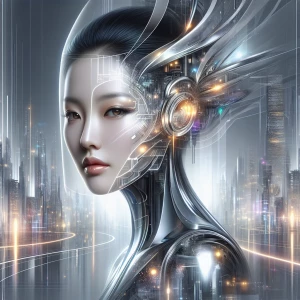 A futuristic woman with a clean, geometric headpiece and subtle light patterns embedded in her flowing, metallic gown. Behind her, a glowing cityscape fades into soft, abstract hues.