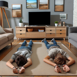 two white male youth handcuffed laying face down in a living roo...