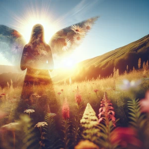 Double exposure scene depicting a tranquil, sunlit meadow, where...