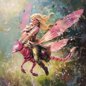 A beautiful blonde riding a pink dragonfly