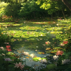 Create an image of an anime-style Monet lake influenced by Pre-R...