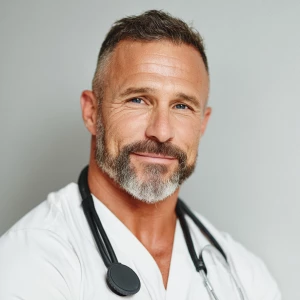 The image shows two bodybuilders middle-aged men wearing a white...