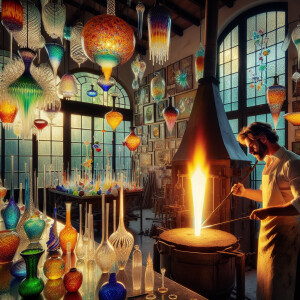 In an elegant, sunlit studio, a master glassblower shapes a stun...