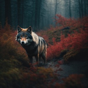 Describe a scenario where a pregnant wolf navigates the challeng...