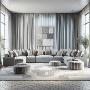 Illustration of a living room space in a house. There are long l...