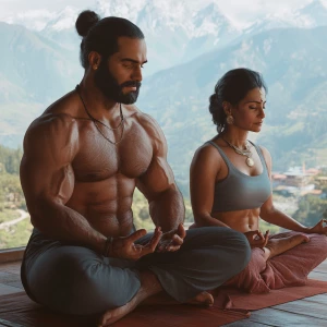 Realism art 1:1,A muscular beefy sweaty  man and his 50-year-old...